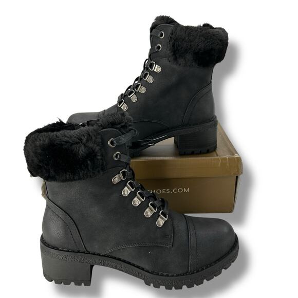 NEW GC Shoes Joan Boot Size 6.5 Black Lace Up Compat Lug Sole Faux Fur Bootie - Picture 1 of 11